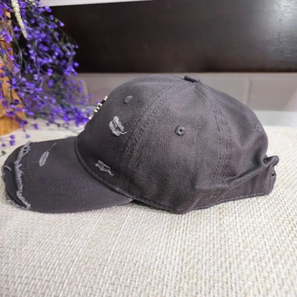 Gothic Cross Charm Distressed Denim Dad Hat Gray OS Like New